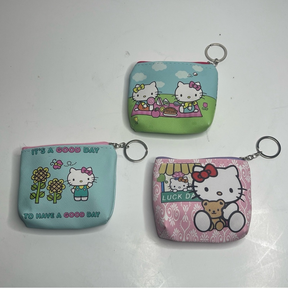 3pcs Girl Gift Hello Kitty Mini Wallet Purse Coin Key Card Bag Case Keychain Zip